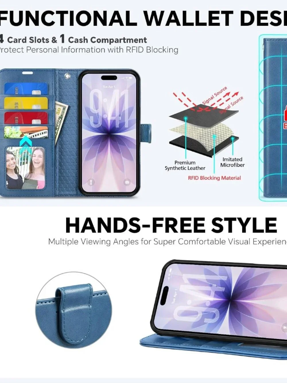 iPhone 17 Detachable Wallet Case RFID 4 Card MagSafe Light Blue